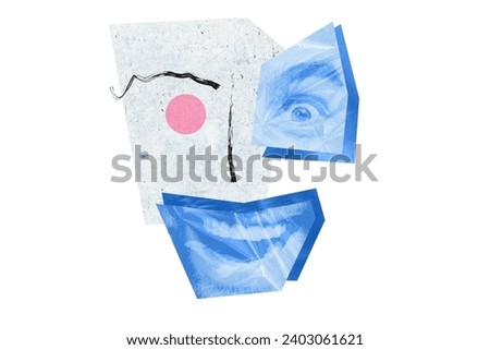 Collage creative poster blue retro filter face crazy mask funny eye mouth colorful element caricature unusual white background