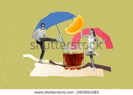 Collage of excited mini black white effect guy dancing girl hold slice orange fruit big whiskey glass umbrella isolated on olive background