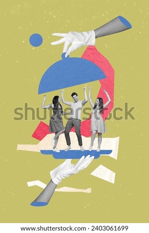 Vertical photo artwork minimal collage of three people buddies have fun in serving plate at restaurant dancing isolated on khaki background Royalty-Free Stock Photo #2403061699