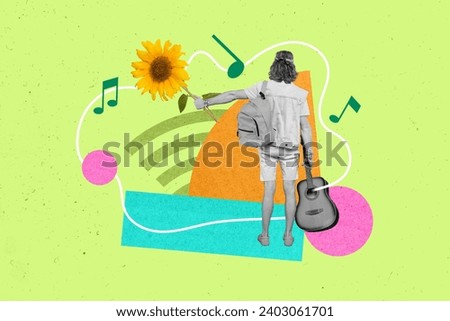Rear back view photo collage of hippie youngster guy loves music hitchhiking hold acoustic guitar in field isolated on green background