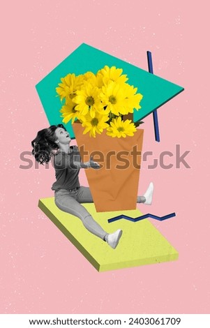 Postcard collage of young surprised funny girlfriend receive fresh daisy flowers delivery bouquet isolated on pink color background