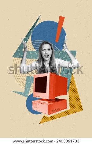 Photo collage artwork minimal picture of furious angry lady screaming old obsolete computer isolated creative background