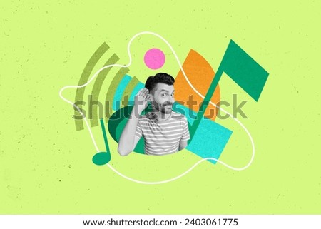 Photo sketch collage picture of curious funky guy looking hole listening music isolatedgreen color background