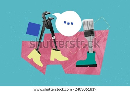 Creative collage picture of tools foreman building renovation metallic wrench and paintbrush talking isolated on blue color background