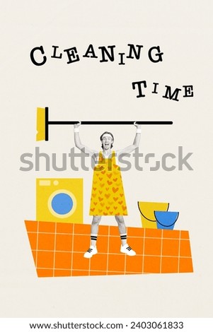 Creative collage vertical picture standing crazy young man holding mop housekeeper cleaner tidy room apartment cleaning time