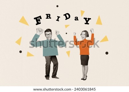 Creative collage picture illustration black white filter two lovely happy smile young couple dance friday celebrate weekend leisure time