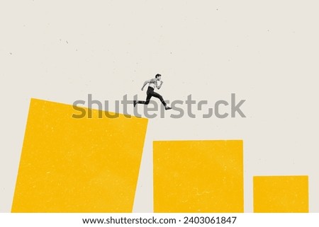 Creative collage picture illustration black white effect miniature fast funny young man speed run career white yellow background