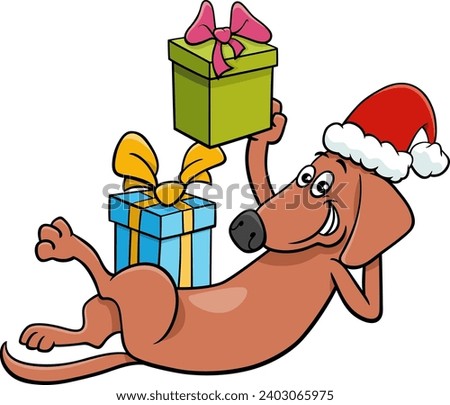 Cartoon illustration of funny dog animal character with Christmas gifts