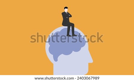Confident businessman thinking and sitting with arms crossed on human brain. Business strategy, success,  leadership, and innovation concepts in minimal design and vibrant color. Vector illustration.