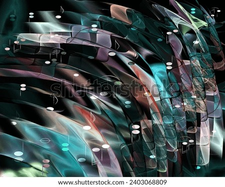 Abstract elegant musical wavy background. Waves in pastel shades shimmer against a dark background. Notes of different durations are removed diagonally. Illustration.