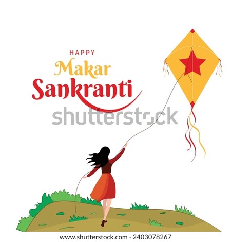 Girl flying kite vector illustration. Happy makar sankranti post design
