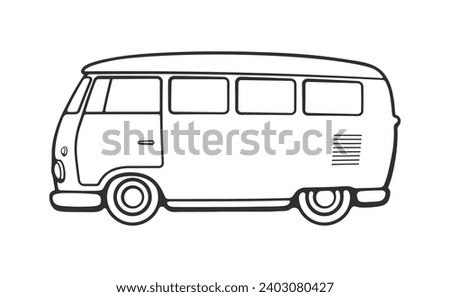 Retro hippie van for road trip and beach vacation. Vector illustration. Hand drawn Doodle isolated on white background. Sketch style outline drawing
