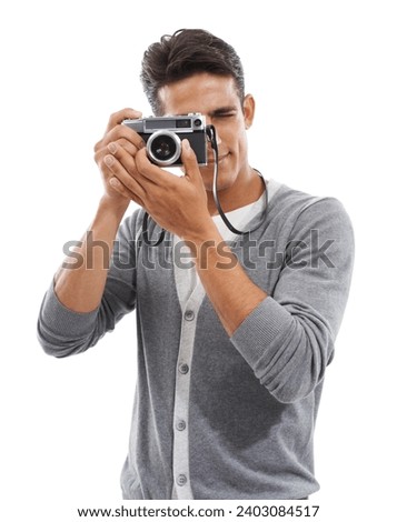 Photography artist, man and digital camera in studio for photoshoot, creative production or content creation on white background. Journalist, cameraman and photographer click lens for media magazine