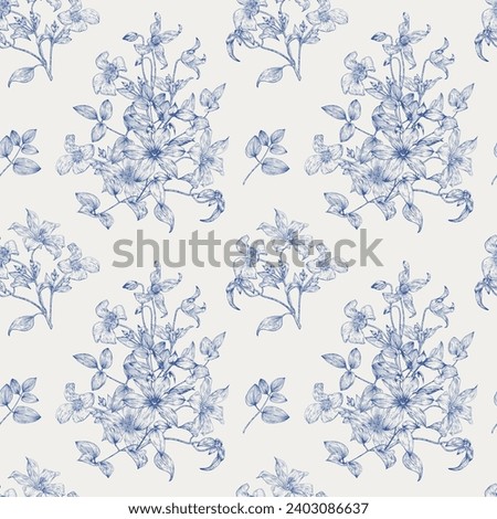 Vintage seamless pattern toile art with bouquet flowers of Clematis blue. Hand drawn elements Monochrome. Vector floral background