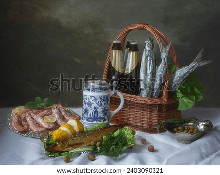 Still life with smoked herring and beer