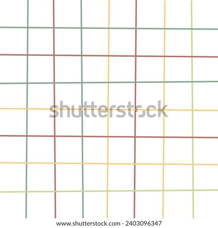 Doodle Gingham Check Plaid Vector Pattern. Vertical and horizontal hand drawn crossing yellow, green, grey, red stripes. Chequered freehand geometrical background. Cottagecore Homestead Farmhouse