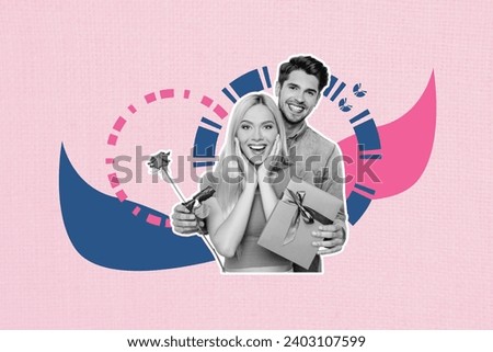 Collage picture illustration monochrome effect excited surprised excited young man woman gift flower rose box unusual template