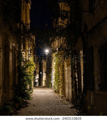 Narrow charming street in the old part of Arles, France, called La Roquette. Night picture, street lamps, chiaroscuro atmosphere.