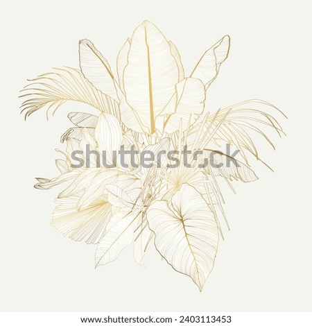 Vintage floral composition with golden line exotic tropical leaves and flowers. Romantic design for natural cosmetics, perfume, women products. Can be used for greeting card, wedding invitation.