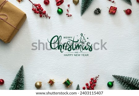 Merry Christmas greeting minimal type poster image, Flatly image of Christmas decorations isolated on white background with greeting text, 2023 Happy New Year and Christmas image