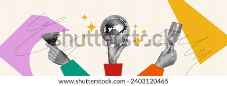 Collage creative poster black white effect three human hands hold glass champagne martini cocktail disco ball party retro sketch oldschool Royalty-Free Stock Photo #2403120465
