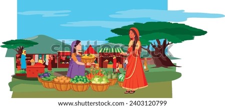 Vector illustration of Indian market with people and different shops with ancient cityscape at the background.Ceramics, fabrics, carteps,spices, sweets, vegetables. Asian characters. Asian bazaar. Royalty-Free Stock Photo #2403120799