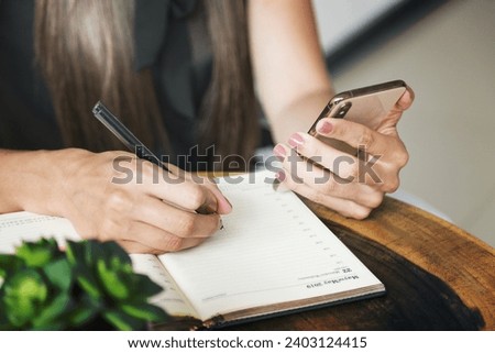 close up woman writing from phone. Resolution and high quality beautiful photo