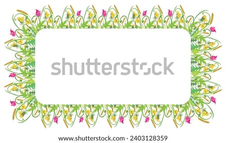 Vector floral greeting card with border from pink butterflies, green grass, ears of wheat, dandelions, different plants 