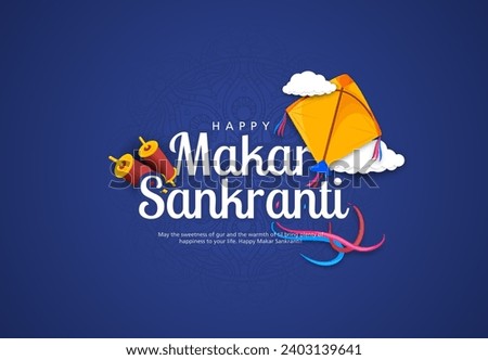 Happy Makar Sankranti With Realistic Flying Colorful Kites And String Spools On Blue Background For Makar Sankranti Festival. Royalty-Free Stock Photo #2403139641