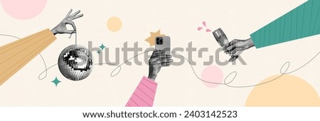 Collage creative poster black white filter three people hands hold glass champagne mobile disco ball party retro doodle oldschool banner Royalty-Free Stock Photo #2403142523