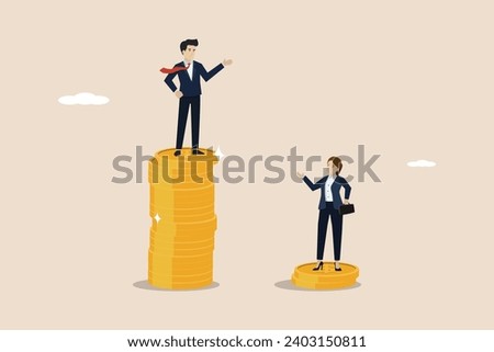 Economic inequality, rich and poor gap, income inequality, rich businessman standing on high salary coin tower with poor man on low coin stack. Royalty-Free Stock Photo #2403150811