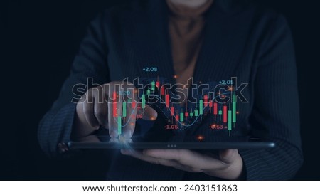 Stock trader with joyful expression because stock price increases, happy expression of businessman, double image of stock graph