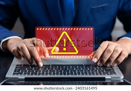 System warning hacked alert, Protection against personal data hacking, Notification error mark computer virus detected caution, Cyber attack on computer network, Virus and cybercrime, Cybersecurity.