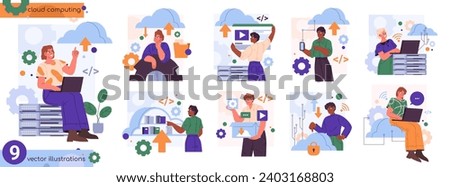 People working with cloud computing systems, workers with backups. Vector, isolated employees with service for storing and exchanging documents and data through internet and data base servers Royalty-Free Stock Photo #2403168803