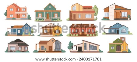 Homes and houses exteriors, isolated facades of buildings. Vector real estate property with modern and classic architecture. Cottage with garage and porch, village or city constructions