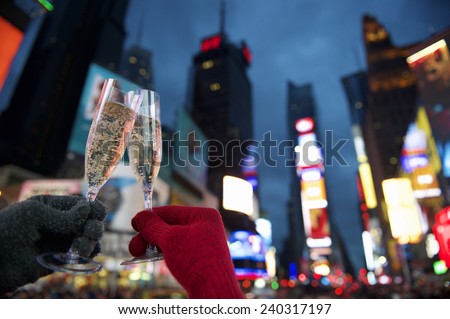 Happy New Year champagne toast couple in Times Square New York City