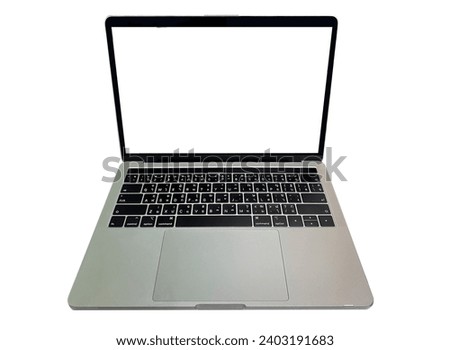 Computer labtop notebook device with blank empty screen white color, monitor display and keyboard in technology. Modern mock up design. Labtop on white background and white LED. Labtop with clipping.