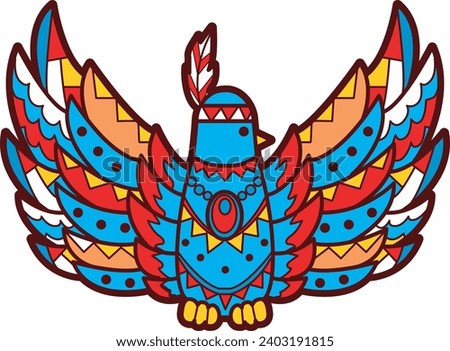 The theme of this  illustration is American Indians. Indian bird images. Aztec clip art cartoon style. Cartoon indian headdress. Decorative native American character. American indians costume vector.
