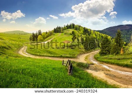 composite autumn landscape. fence near the cross road on hillside meadow in mountains. few fir trees of forest  on both sides of the road Royalty-Free Stock Photo #240319324
