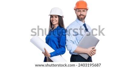 Safety business. Data protection. Supervisor engineer with blueprint. Plan construction project. Architect planning work. Chief engineer and architect in hardhat isolated on white. Investor team Royalty-Free Stock Photo #2403195687
