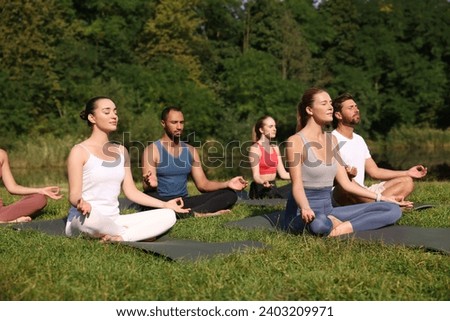 Group of people practicing yoga on mats outdoors. Lotus pose
