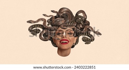 Contemporary art collage. Young beautiful girl with snakes instead of hair looks like mythology character against peach color background. Concept of feminine strength and power, wisdom, mystical aura.