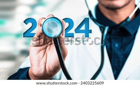 New Year 2024 medical and healthcare concept photo, Doctor with stethoscope and 2024 sign, healthy new year background