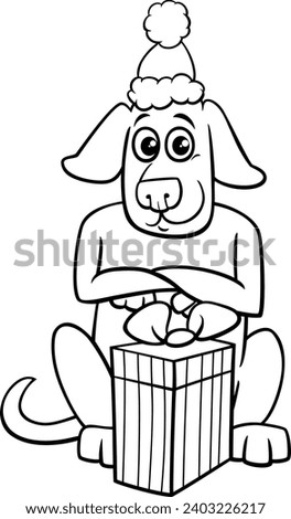 Cartoon illustration of funny dog animal character with Christmas present coloring page