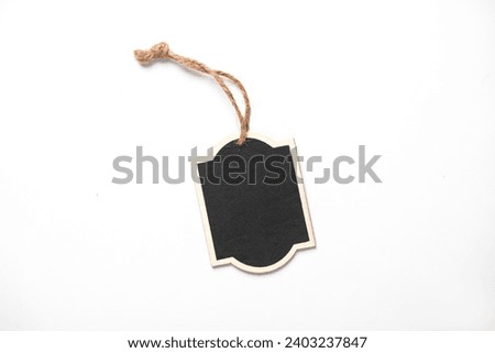 Chalkboard label, blank wooden blackboard tag, garden sign on white background