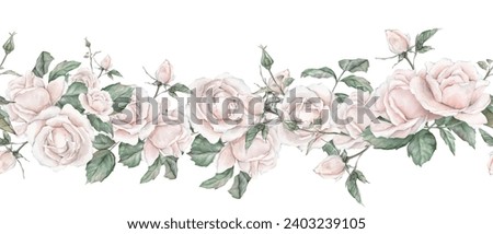 Watercolor seamless frame illustration white cream rose and green leaves isolated on white background. Border hand painted natural plant twigs with light peach fuzz color roses rose for design