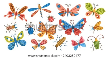 Colorful boho butterflies and decorative bugs. trendy patterned insects, flying and crawling, spring and summer nature, beetles, vector set.eps
