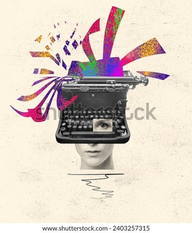Pop art collage. Female typing on retro typewriter over creative design background. Vintage, retro