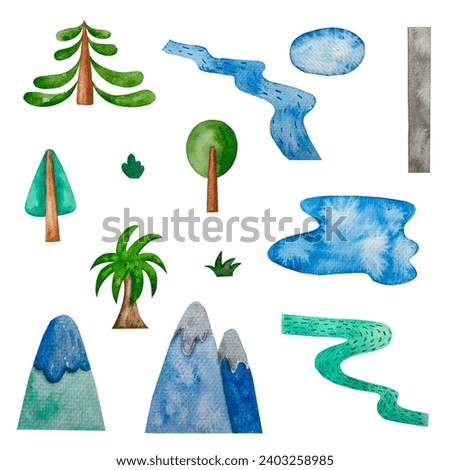 watercolor mountains, trees, lakes, river and trees clipart