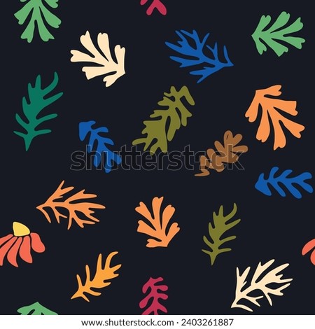 Matisse floral seamless pattern, crooked leaves and flowers. Contemporary botanic background, modern print floral element, organic shapes